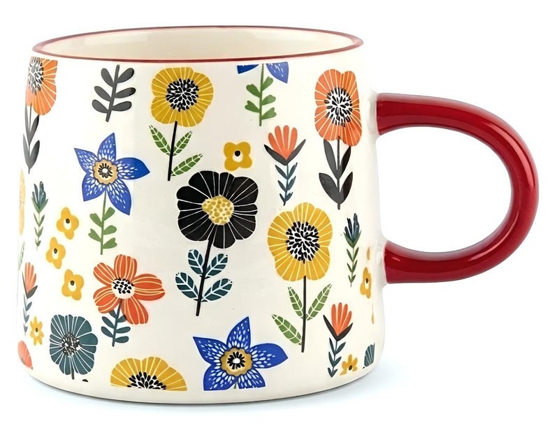Porcelain Multicolor Sunflower Botanical Mug White Body Red Handle 350ml Vintage Garden Design Coffee Tea Cup - Image 1