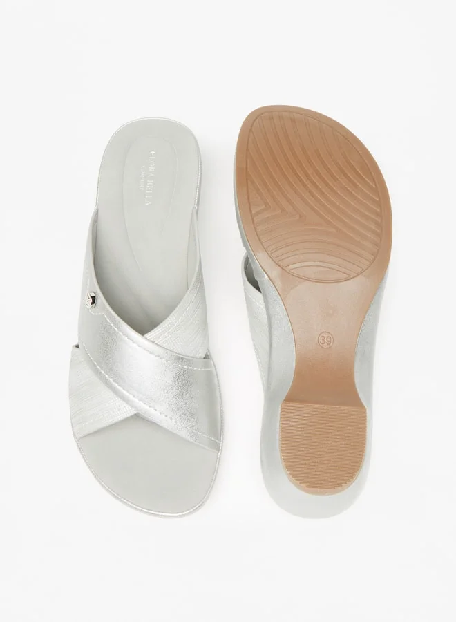 Flora Bella By Shoexpress Women's Textured Slip-On Cross Strap Sandals with Block Heels Ramadan Collection