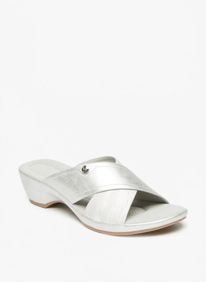 Flora Bella By Shoexpress Women's Textured Slip-On Cross Strap Sandals with Block Heels Ramadan Collection
