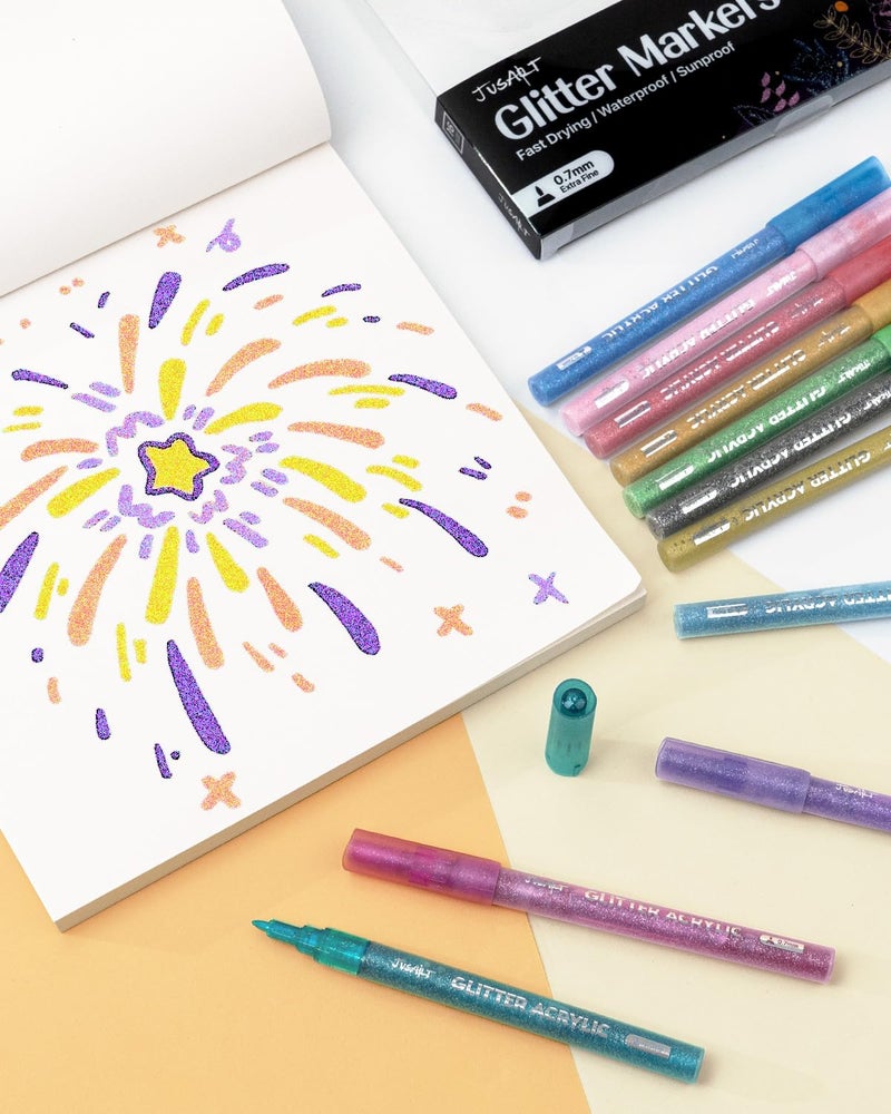 JusArt 16 Colors Glitter Markers, Glitter Paint Pens Sparkly and Shiny for DIY Card Making, Coloring, Scrapbooking, Glass, Wood, Stone, Fabric, Rock - 0.7mm Extra Fine Acrylic Paint Markers - Image 5