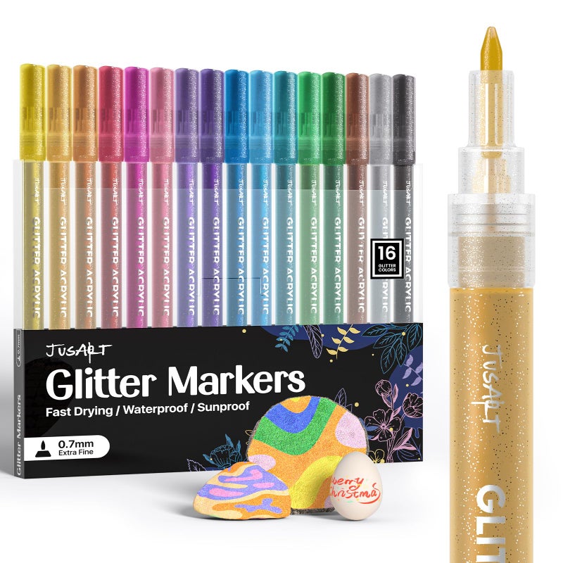 JusArt 16 Colors Glitter Markers, Glitter Paint Pens Sparkly and Shiny for DIY Card Making, Coloring, Scrapbooking, Glass, Wood, Stone, Fabric, Rock - 0.7mm Extra Fine Acrylic Paint Markers - Image 1