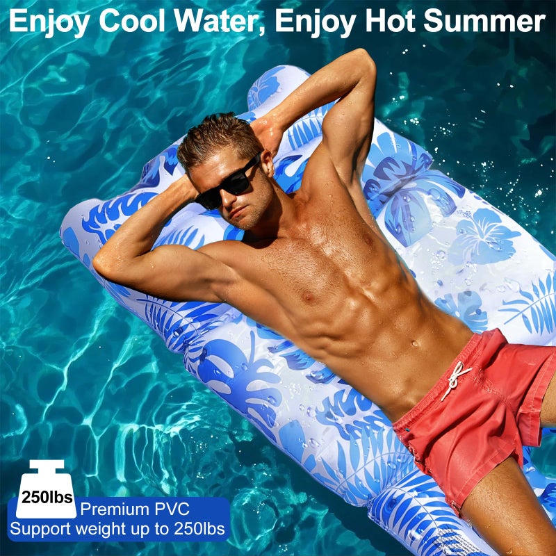 HeySplash Pool Lounger Float, Inflatable Pool Float Adult with Adjustable Backrest, Pool Float with Cup Holder for Swimming Pools, Beaches, Lakes, Floaties for Adults Easy to Use, Blue Palm Leaf - Image 2