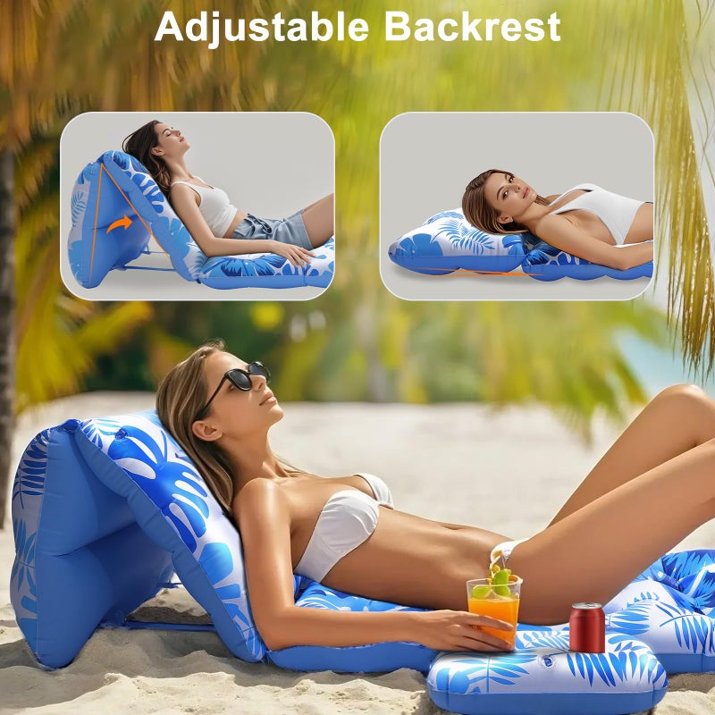 HeySplash Pool Lounger Float, Inflatable Pool Float Adult with Adjustable Backrest, Pool Float with Cup Holder for Swimming Pools, Beaches, Lakes, Floaties for Adults Easy to Use, Blue Palm Leaf - Image 3