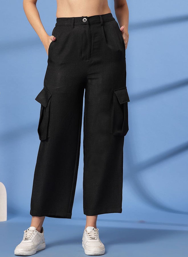 PlusS Black Mid-Rise Pleated Trousers for Women - Image 1