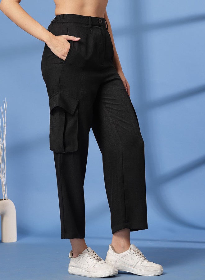PlusS Black Mid-Rise Pleated Trousers for Women - Image 2