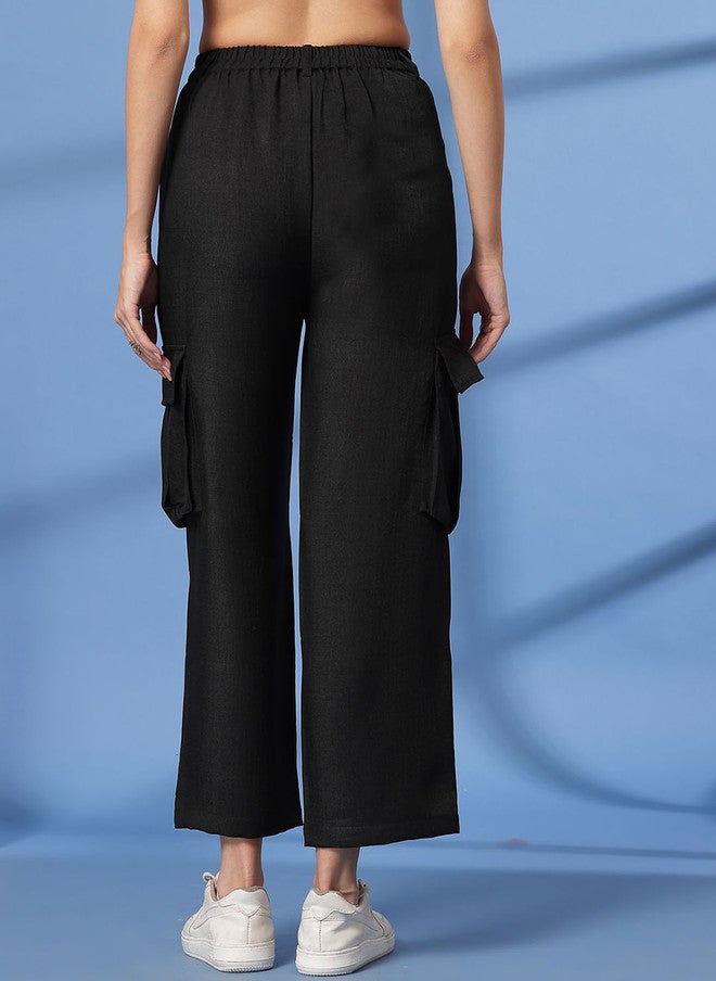 PlusS Black Mid-Rise Pleated Trousers for Women - Image 4