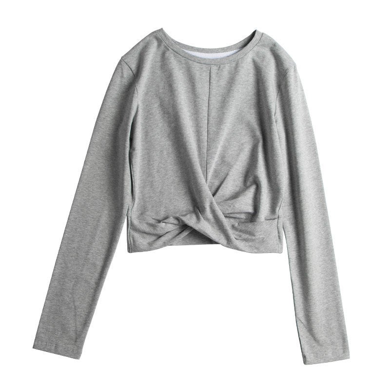 South Koreas new hem pleated navel round neck long sleeve stitching white high waist base shirt a generation of 246 Grey 