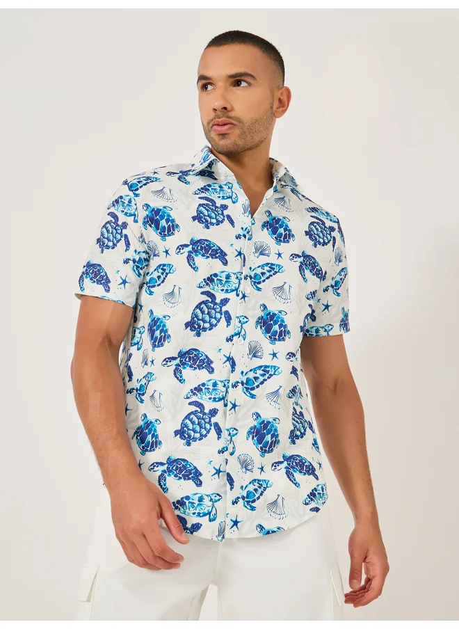 Take Two Take Two Men Sea Turtle Print Short Sleeve Regular Fit Shirt