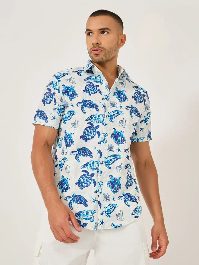 Take Two Take Two Men Sea Turtle Print Short Sleeve Regular Fit Shirt