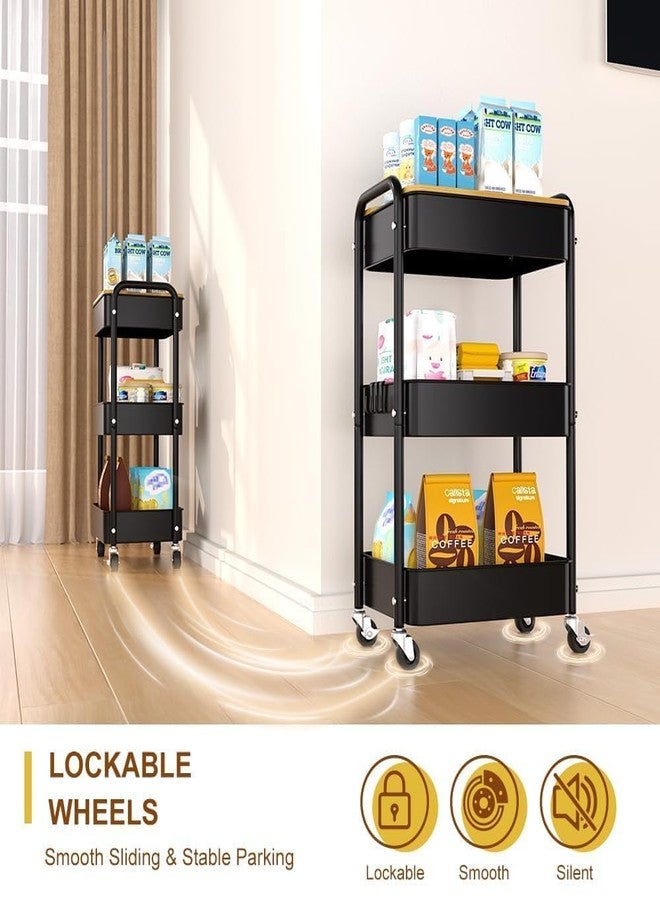HIDODO 3 Tier Metal Utility Cart, Rolling Storage Cart with Wooden Tabletop, Metal Organizer Cart with Lockable Wheels for Office, Bedroom, Kitchen and Living Room (Black) - Image 5