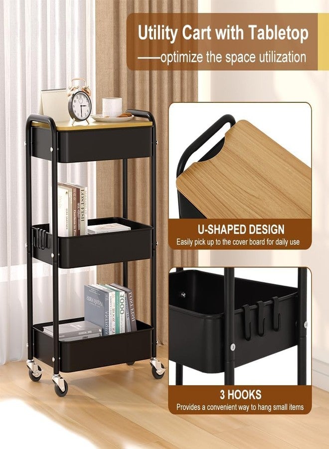 HIDODO 3 Tier Metal Utility Cart, Rolling Storage Cart with Wooden Tabletop, Metal Organizer Cart with Lockable Wheels for Office, Bedroom, Kitchen and Living Room (Black) - Image 3