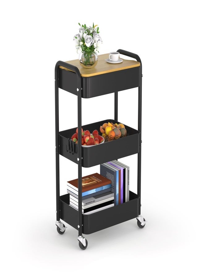 HIDODO 3 Tier Metal Utility Cart, Rolling Storage Cart with Wooden Tabletop, Metal Organizer Cart with Lockable Wheels for Office, Bedroom, Kitchen and Living Room (Black) - Image 1
