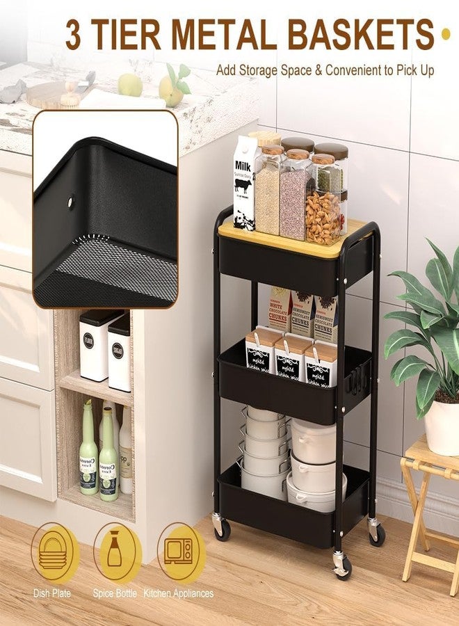 HIDODO 3 Tier Metal Utility Cart, Rolling Storage Cart with Wooden Tabletop, Metal Organizer Cart with Lockable Wheels for Office, Bedroom, Kitchen and Living Room (Black) - Image 4