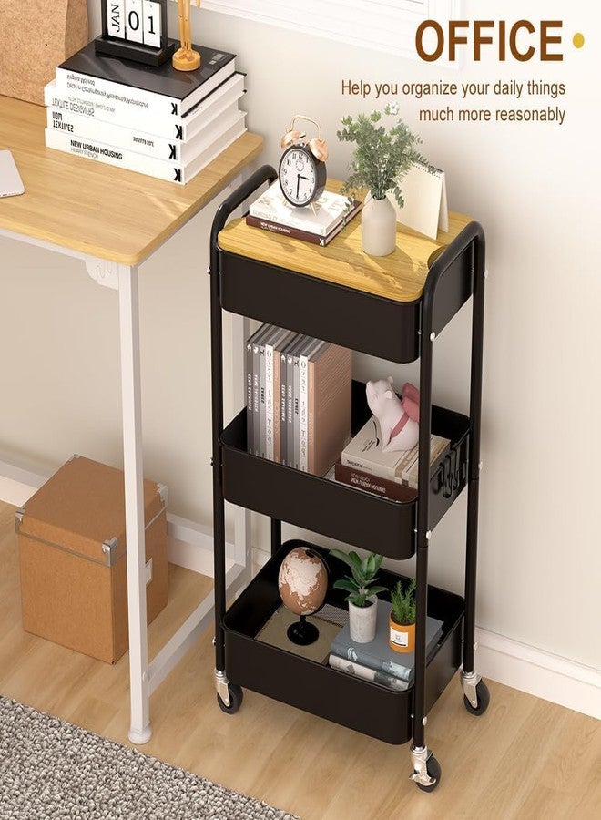 HIDODO 3 Tier Metal Utility Cart, Rolling Storage Cart with Wooden Tabletop, Metal Organizer Cart with Lockable Wheels for Office, Bedroom, Kitchen and Living Room (Black) - Image 2