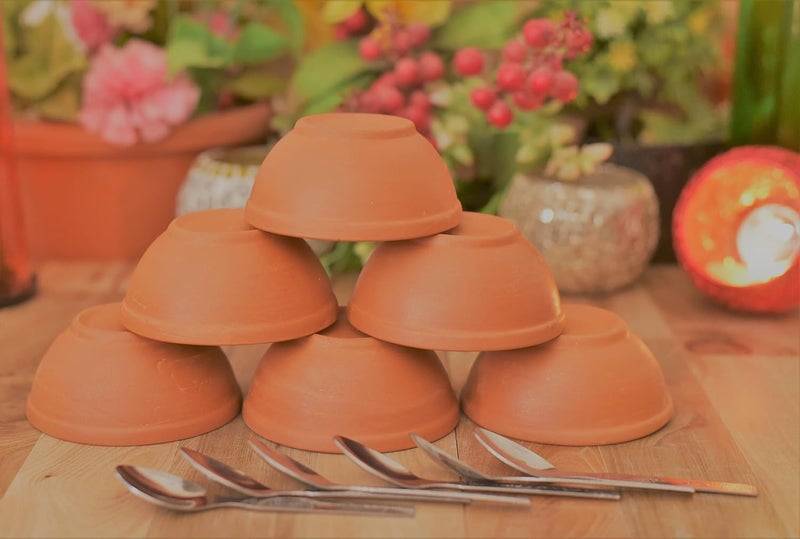 SHRIYAM CRAFT Shriyam Clay Sweet Bowels KatoriServing BowlEarthenware Bowl for Serving Curd Vegetables Set of 6 with Spoon 6 Pack of 6 - Image 1