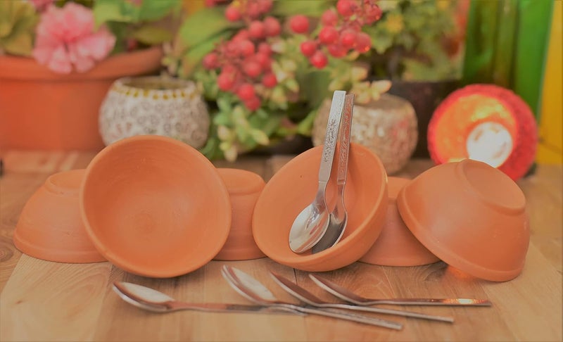 SHRIYAM CRAFT Shriyam Clay Sweet Bowels KatoriServing BowlEarthenware Bowl for Serving Curd Vegetables Set of 6 with Spoon 6 Pack of 6 - Image 2