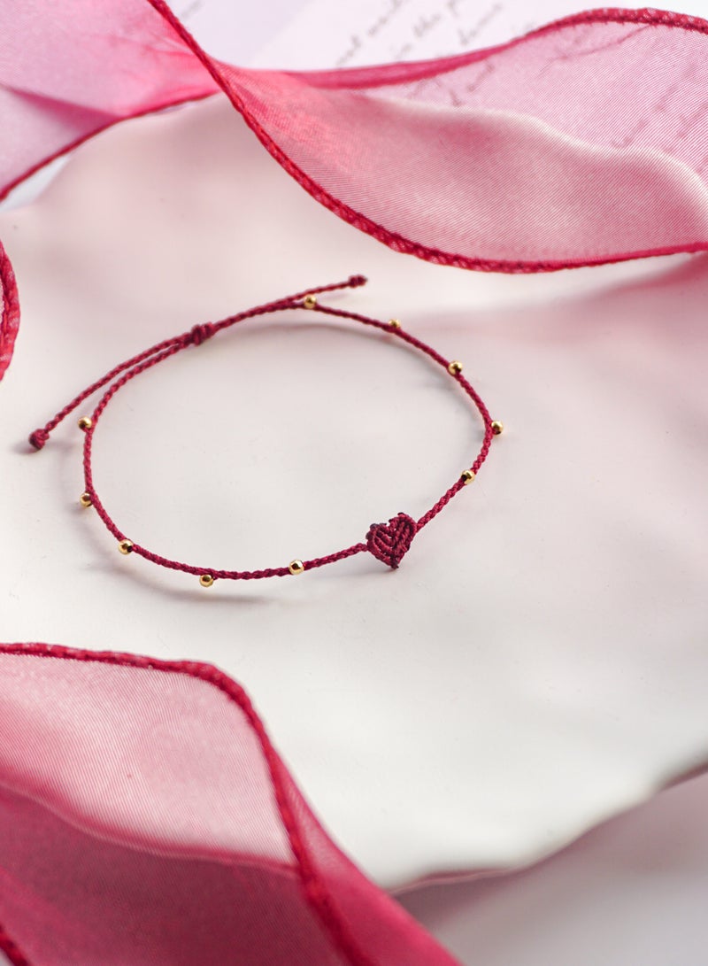 Original Design| 14K Gold Beads | Heart Wax Cord Ultra-Fine Bracelet | Symbolizing "One Heart, One Mind" and "Perfection" | Handwoven | Wine Red - Image 1
