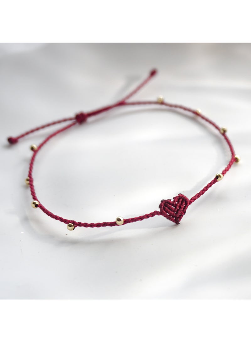 Original Design| 14K Gold Beads | Heart Wax Cord Ultra-Fine Bracelet | Symbolizing "One Heart, One Mind" and "Perfection" | Handwoven | Wine Red - Image 2