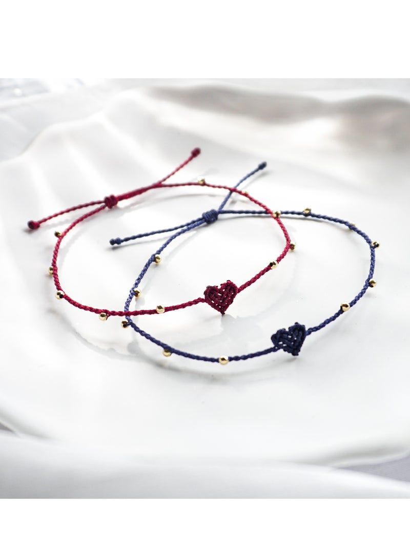 Original Design| 14K Gold Beads | Heart Wax Cord Ultra-Fine Bracelet | Symbolizing "One Heart, One Mind" and "Perfection" | Handwoven | Wine Red - Image 3