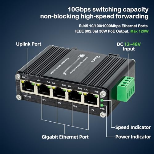 Hereta Industrial 5 Ports Gigabit PoE Switch, Mini Ethernet Switch with 4 x Gigabit PoE+ Ports & 1 x Gigabit Port, 802.3af/at 30W/Port 10Gbps Switching Capacity, Aluminum Case, Din Rail & Wall Mountable - Image 2
