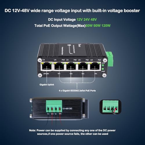 Hereta Industrial 5 Ports Gigabit PoE Switch, Mini Ethernet Switch with 4 x Gigabit PoE+ Ports & 1 x Gigabit Port, 802.3af/at 30W/Port 10Gbps Switching Capacity, Aluminum Case, Din Rail & Wall Mountable - Image 3