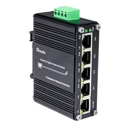 Hereta Industrial 5 Ports Gigabit PoE Switch, Mini Ethernet Switch with 4 x Gigabit PoE+ Ports & 1 x Gigabit Port, 802.3af/at 30W/Port 10Gbps Switching Capacity, Aluminum Case, Din Rail & Wall Mountable - Image 1
