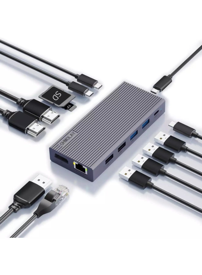 OHMOLAY 13-in-1 USB C Docking Station Dual Monitor with HDMI 4K@60Hz, DP, Ethernet, PD Port @100W, USB X4, TF Port, SD Port, USB-C X2