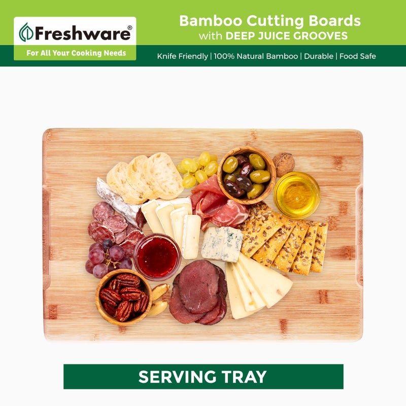 Freshware Freshware Bamboo Cutting Boards for Kitchen with Juice Groove [Set of 2] Wood Cutting Board for Chopping Meat, Vegetables, Fruits, Cheese, Knife Friendly Serving Tray with Handles - Image 3