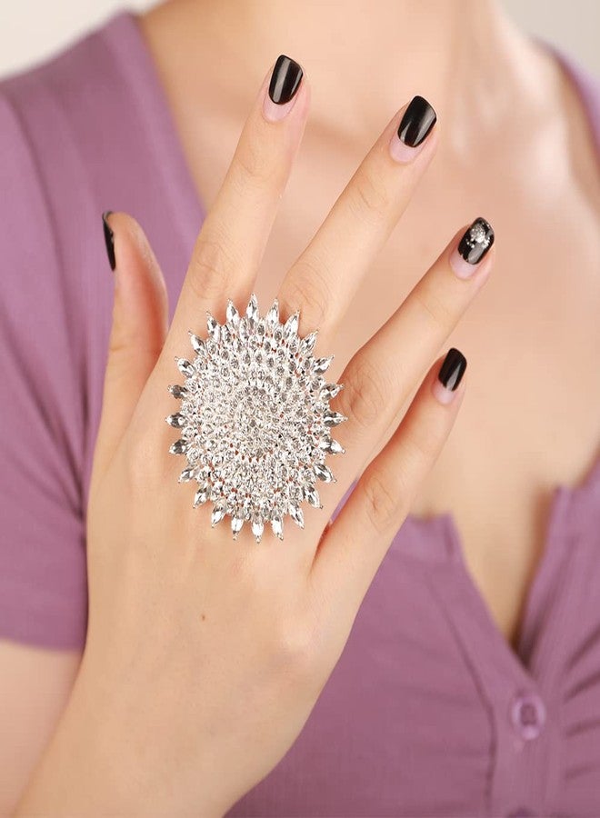 يرتير خاتم YERTTER بوهيمي فضي سميك مرصع بأحجار كريمة مستديرة كبيرة، خاتم كريستالي عرقي، خاتم نسائي مميز بتصميم عتيق، خاتم قابل للتعديل، خاتم أنيق مرصع بأحجار الراين، خاتم زفاف للنساء والعرائس (فضي) - Image 3