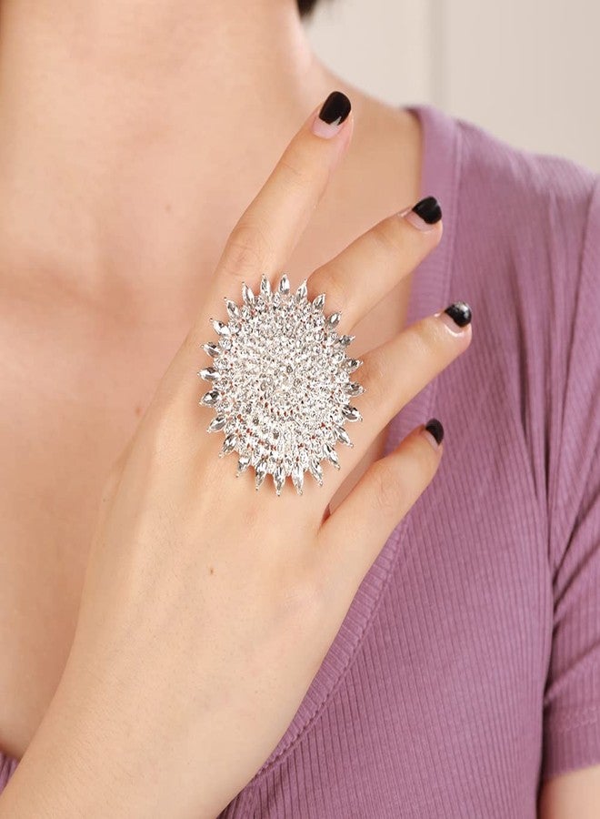 يرتير خاتم YERTTER بوهيمي فضي سميك مرصع بأحجار كريمة مستديرة كبيرة، خاتم كريستالي عرقي، خاتم نسائي مميز بتصميم عتيق، خاتم قابل للتعديل، خاتم أنيق مرصع بأحجار الراين، خاتم زفاف للنساء والعرائس (فضي) - Image 2