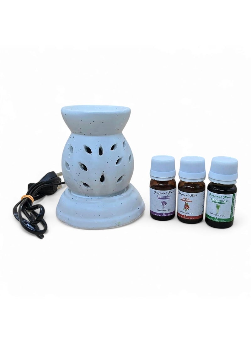 MAGICKAL MOON Ceramic Electric Aroma Diffuser for Home Fragrance Oil Burner Oil Warmer Owl Shaped Diffuser with 3 Aroma Oils Lemongrass Lavender Rosy Romance Fragrance 10ml Each White SNSSC0041  - Image 1