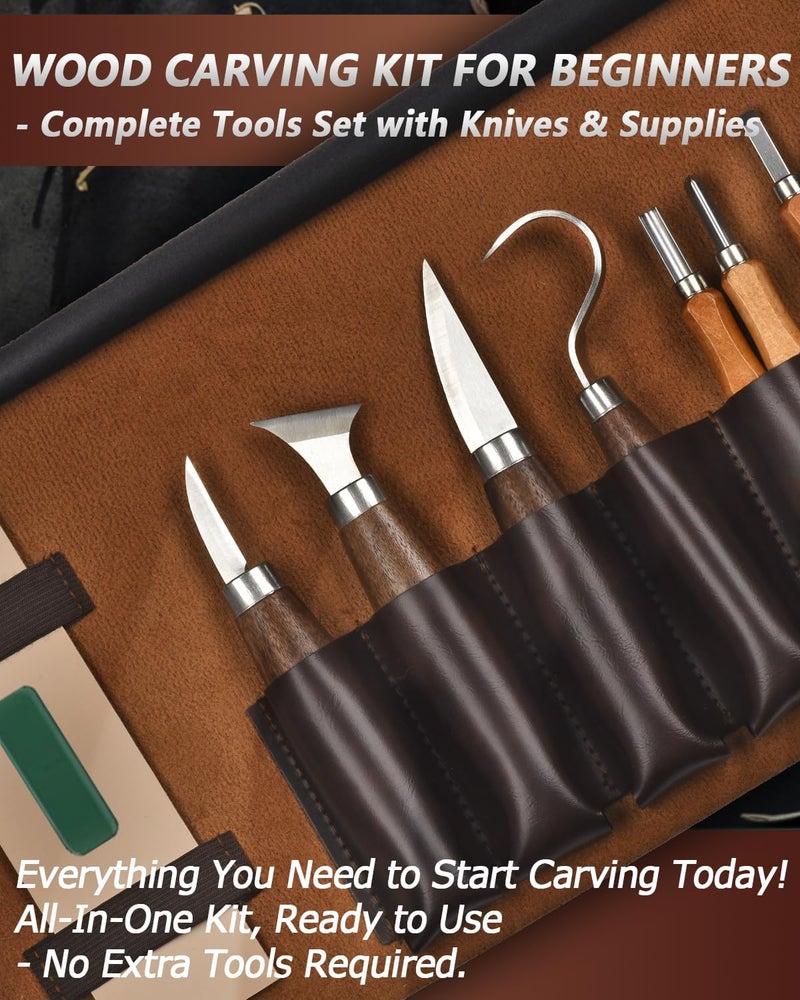 Bluvizo Wood Carving Kit Whittling Kit: Deluxe Wood Carving Tools Knife Set with Leather Case - Woodworking Hobby Kit for Beginners Adults Kids - DIY Art Craft Gift for Men Teens - Image 2