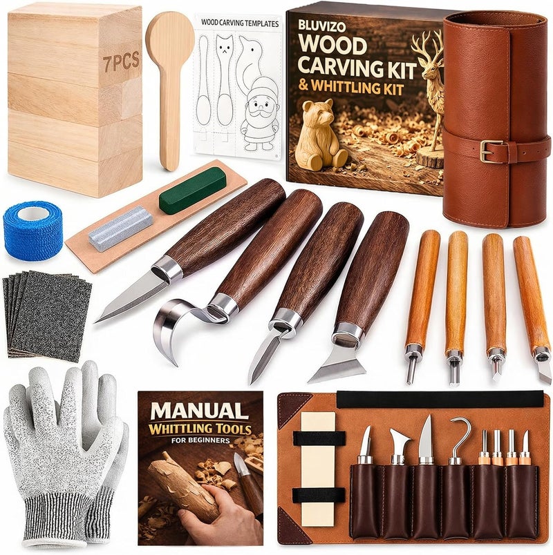 Bluvizo Wood Carving Kit Whittling Kit: Deluxe Wood Carving Tools Knife Set with Leather Case - Woodworking Hobby Kit for Beginners Adults Kids - DIY Art Craft Gift for Men Teens - Image 1