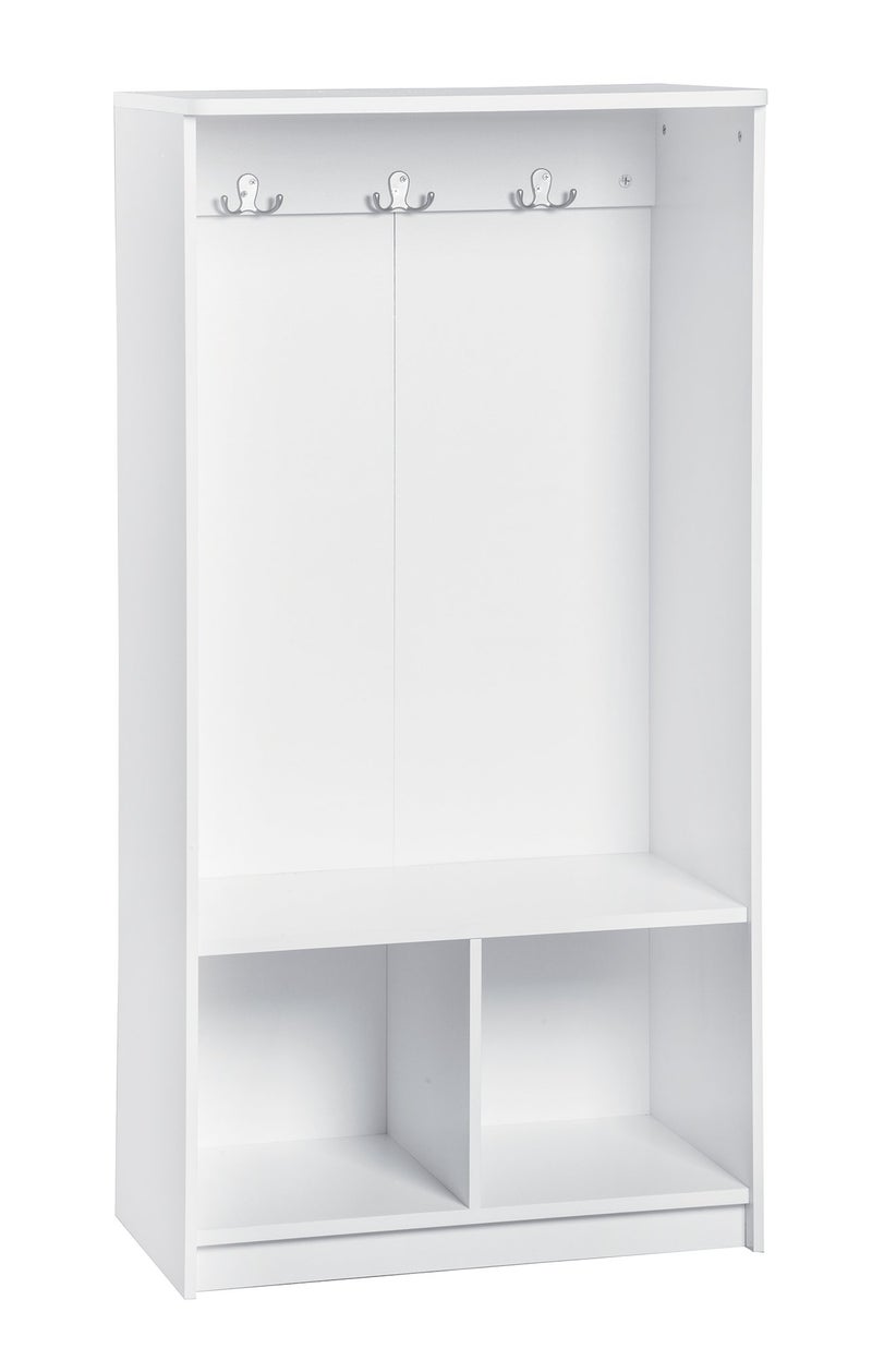 ClosetMaid ClosetMaid KidSpace Wood Locker 2 Cubby Cube Compartments Open Storage 3 Hooks for Coats Backpacks Jackets White Finish 49Inch 