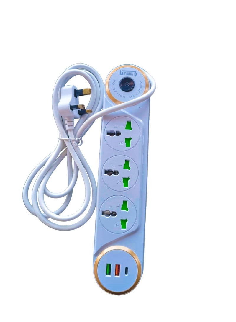 شريط تمديد طاقة عالمي متعدد المقابس مع منافذ شحن سريع USB-A، مصاريع أمان للأطفال، وإدارة الكابلات - أبيض بلمسة برتقالية - Image 1