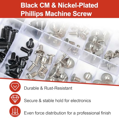 QTEATAK 180Pcs Computer Screws Assortment Kit, Black CM and Nickel-Plated Phillips Machine Screws Set with Flat Round Head for PC Case, Motherboard, and Electronic Repairs - Image 3