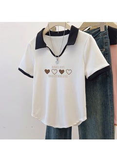 Generic Slimming Cotton Polo Tee V-Neck Fat-Proof Womens Summer Top WHITE-BOAE FOUR LOVE 