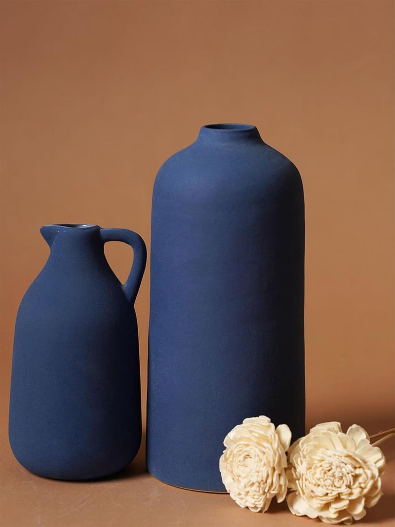 PUREZENTO Navy Blue Ceramic Vase Set of 2 Cylinder Jug Shape Vases for Modern Home Decor Vase for Pampas Grass Dried and Artificial Flowers Vases for Home Decor Living Room Office Decor