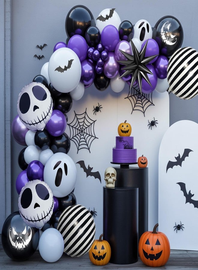 بيابيان مجموعة قوس بالونات الهالوين من Biapian، ديكورات حفلات الهالوين باللونين الأرجواني والأسود، بالونات الهالوين من رقائق معدنية باللونين الأرجواني والأسود والأبيض، بالونات اللاتكس المتجهمة لمستلزمات حفلات الهالوين - Image 3