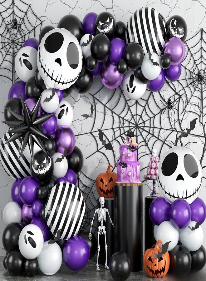 بيابيان مجموعة قوس بالونات الهالوين من Biapian، ديكورات حفلات الهالوين باللونين الأرجواني والأسود، بالونات الهالوين من رقائق معدنية باللونين الأرجواني والأسود والأبيض، بالونات اللاتكس المتجهمة لمستلزمات حفلات الهالوين - Image 1