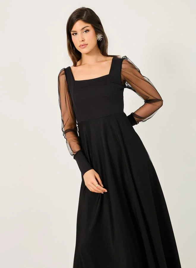 Styli Mesh Puff Sleeve Square Neck Maxi Dress
