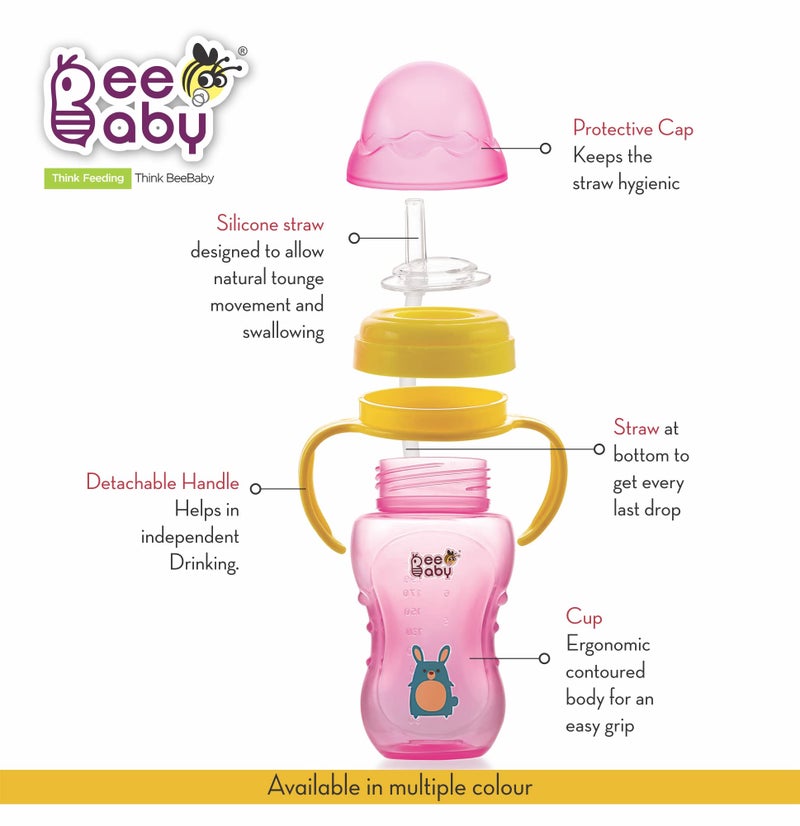 BEEBABY Flexee Soft Silicone Straw Sippy Cup with Detachable Handle | No-Spill, Leak-Proof & No-Drip Design | BPA-Free, Non-Toxic | Easy Grip Sipper Cup | 240 ML, Pink - Image 4