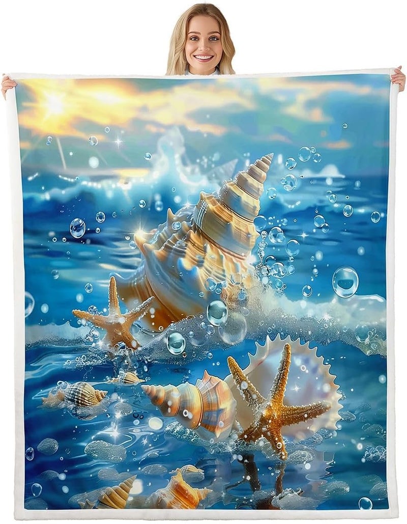Erosebridal Beach Ocean Fuzzy Plush Throw Seashells Starfish Marine Animal Fleece Blanket Hawaii Seashore Sherpa Blanket for Kids Boys Girls,Coastal Seaside Seascape Decor for Bed Couch Baby 30"x40" - Image 1