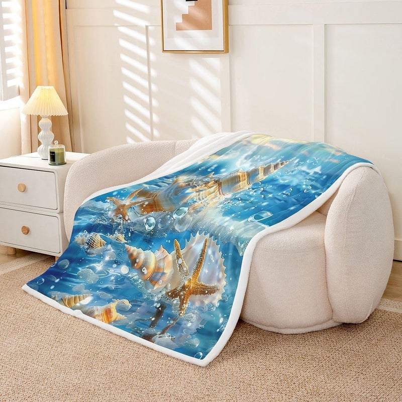 Erosebridal Beach Ocean Fuzzy Plush Throw Seashells Starfish Marine Animal Fleece Blanket Hawaii Seashore Sherpa Blanket for Kids Boys Girls,Coastal Seaside Seascape Decor for Bed Couch Baby 30"x40" - Image 2