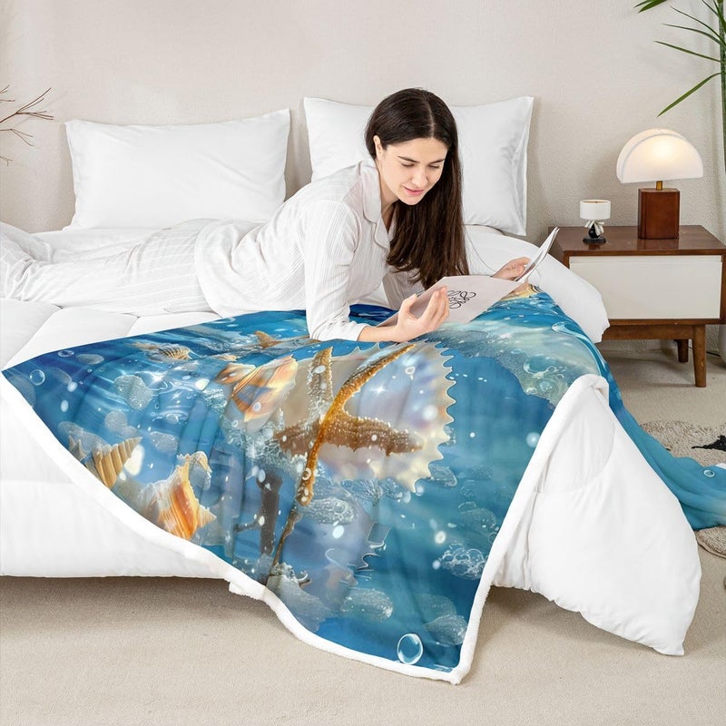 Erosebridal Beach Ocean Fuzzy Plush Throw Seashells Starfish Marine Animal Fleece Blanket Hawaii Seashore Sherpa Blanket for Kids Boys Girls,Coastal Seaside Seascape Decor for Bed Couch Baby 30"x40" - Image 5