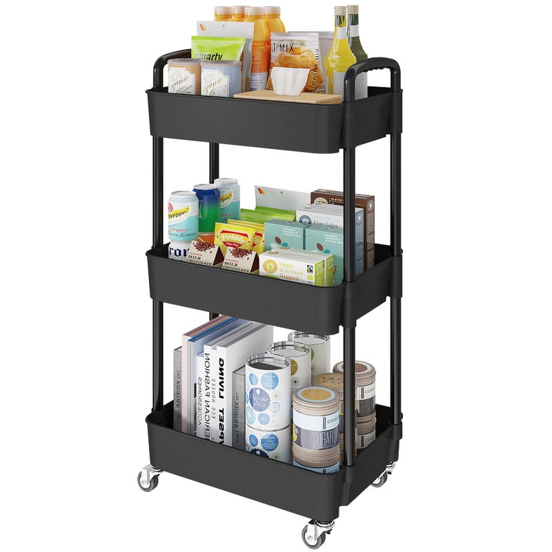 Laiensia 3-Tier Storage Carts,Multifunction Utility Rolling Cart Kitchen Storage Organizer,Mobile Shelving Unit Cart with Lockable Wheels for Bathroom,Laundry,Living Room,With Classified Sticker,Black - Image 1