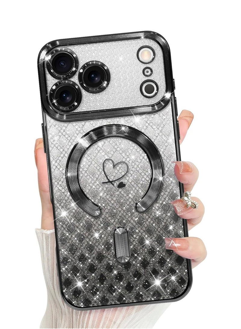 PULUZ Compatible with iPhone 17 Pro Case Support for MagSafe, Plating Heart Glitter Magnetic Checkered Case TPU Camera Protection Back Cover for Girls Women -Black - Image 1