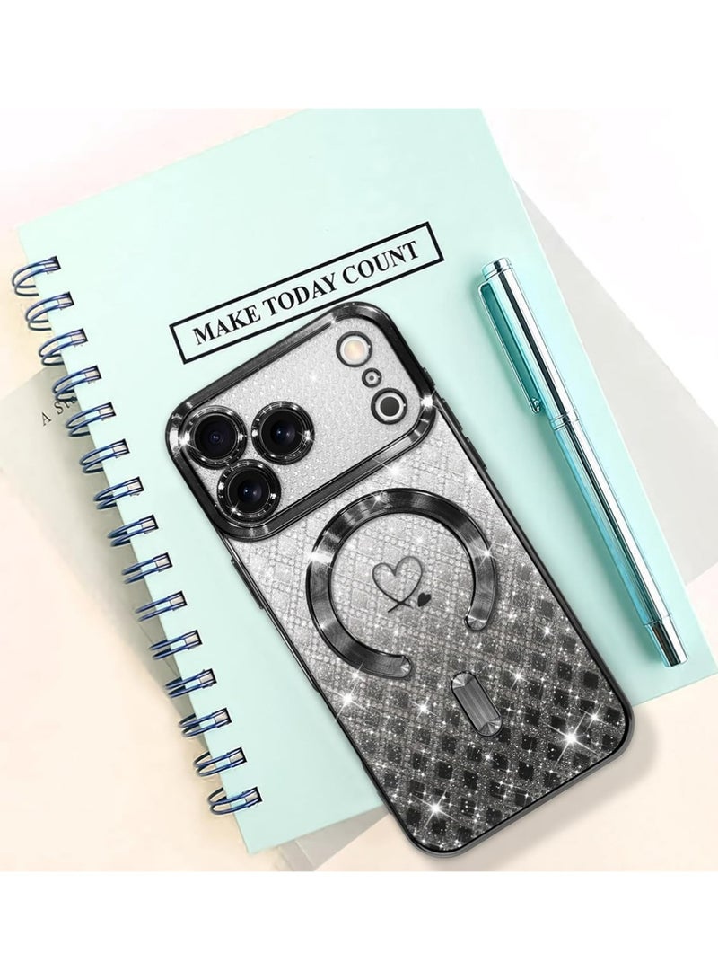 PULUZ Compatible with iPhone 17 Pro Case Support for MagSafe, Plating Heart Glitter Magnetic Checkered Case TPU Camera Protection Back Cover for Girls Women -Black - Image 5