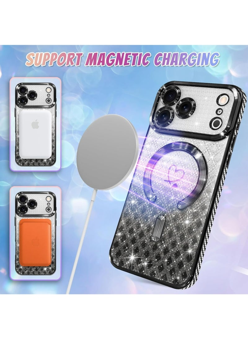 PULUZ Compatible with iPhone 17 Pro Case Support for MagSafe, Plating Heart Glitter Magnetic Checkered Case TPU Camera Protection Back Cover for Girls Women -Black - Image 4