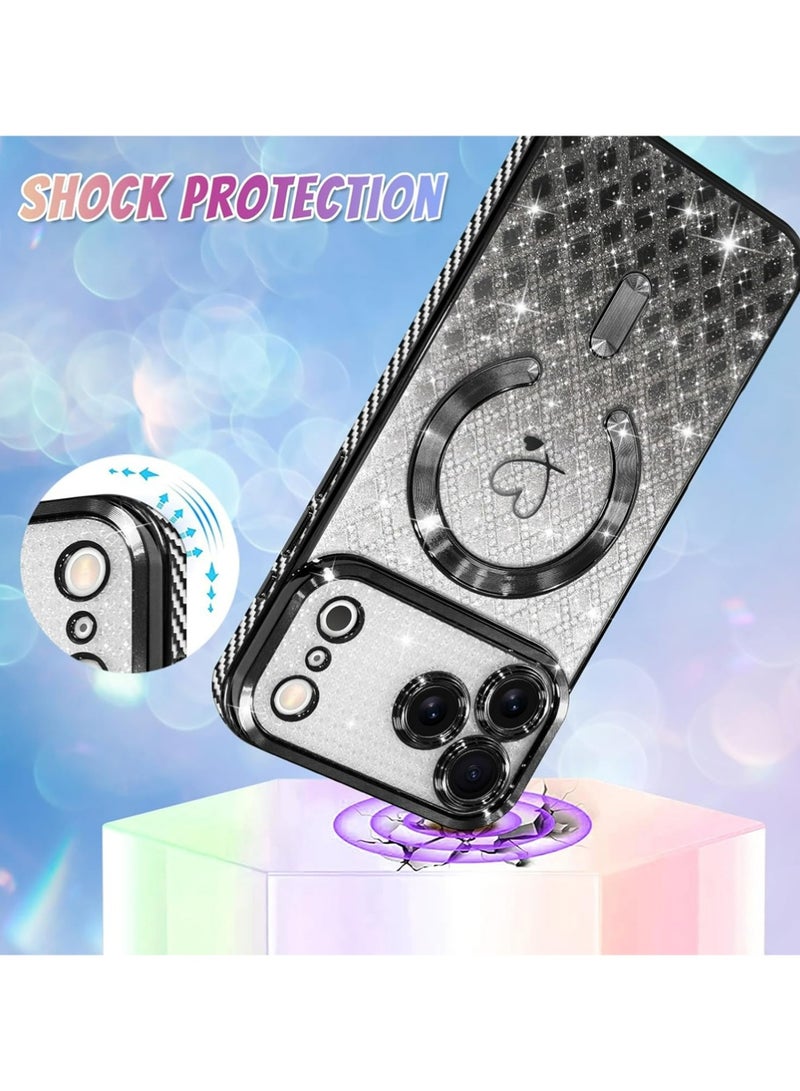 PULUZ Compatible with iPhone 17 Pro Case Support for MagSafe, Plating Heart Glitter Magnetic Checkered Case TPU Camera Protection Back Cover for Girls Women -Black - Image 2